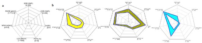 a) Orden de los ejes para los gr&aacute;ficos de estrella. Las escalas de los ejes son las siguientes: SGR y CGR - 0 a 200 GAPI; THOR 0 a 15 PPM; POTA 0 a 10 %; RT 1 a 1000; NPHI 0 a 0.6; RHOB (RHOZ) 1.71 a 2.8 g/cm3. b) Gr&aacute;ficos para los diferentes tipos de roca presentes en las formaciones analizadas.