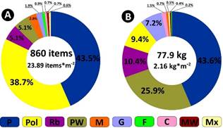 Magnitude and composition of marine litter: (A) number of items and (B) weight (kg). Plastic [P], polystyrene [Pol], rubber [Rb], processed wood [PW], metal [M], glass [G], fishing gear [F], cloth [C], medical disposals [MW], and mixed items [Mx].