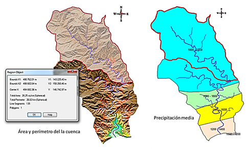 Imagen que muestra la obtenci&oacute;n de datos preliminares con el uso de Sistemas de Informaci&oacute;n Geogr&aacute;fica de forma directa: &aacute;rea de la cuenca, per&iacute;metro, coordenadas. Se significa el cierre de la subcuenca para la ubicaci&oacute;n de la central hidroel&eacute;ctrica.