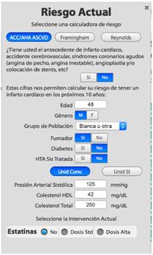 Calculadora de riesgo cardiovascular en la herramienta de la Clínica Mayo. La herramienta incluye también la calculadora de riesgo de Framingham y Reynolds.