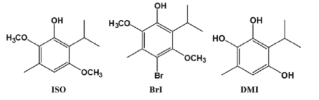 Chemical structures of isoespintanol
(2-isopropyl-3,6-dimethoxy-5-methylphenol, ISO), isoespintanol 4-bromide (BrI)
and 3,6-demethylated isoespintanol (DMI).