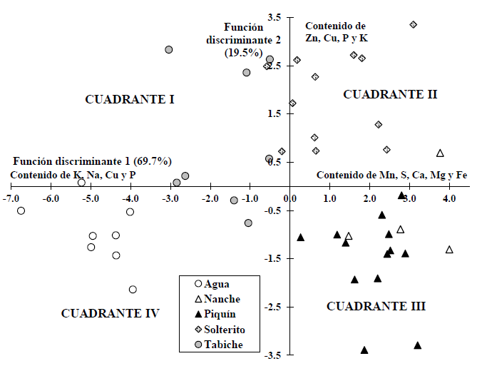 Dispersi&oacute;n de colectas de cada morfotipo de C. annuum evaluado,
en funci&oacute;n de las dos primeras funciones discriminantes, con base en el
contenido de minerales en frutos.