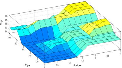 Response surface of the cup for the interaction of proportions of ripe and unripe fruits in variety Caturra.