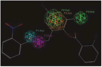 Representation of the pharmacophoric model I. features are represented with colored spheres on the TP-1 compounds (the most active): hydrophobic (Green), Donor (lilac), acceptor (cyan).