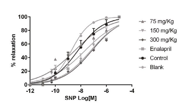 Cumulative (10-10 - 10-4 M) nitroprusside concentration-response curves in intact aorta rings prepared from Wistar rats previously treated with: (1) L-NAME (10 mg/kg, i.p.) plus EtOH extract of P. quadrangularis L. (75, 150, 300 mg/kg/d, p.o), (2) L-NAME plus enalapril (reference drug, 10 mg/kg/day, p.o.), (3) L-NAME plus vehicle (control; 10% propylene glycol, 10% glycerine and 2% polysorbate) and (4) vehicle without L-NAME (blank). Results are expressed as means &plusmn; S.E.M.