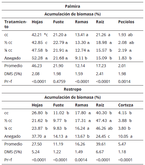 Efecto del estrés hídrico sobre la distribución de biomasa (%) en E. grandis, bajo las condiciones ambientales de Palmira (23.5º C) y Restrepo (18º C), Valle del Cauca, Colombia. Los datos corresponden a promedios globales de los genotipos.