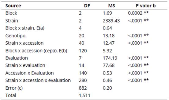 Variance analysis of the AUDPC obtained for the inoculation of 21 avocado accessions with two P. cinnamomi strains.