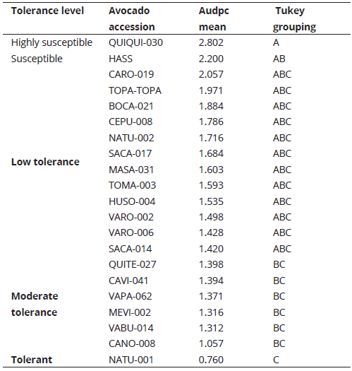 Tolerance levels of 21 avocado accessions from the Germplasm Bank of CORPOICA, Palmira Research Station against Phytophthora cinnamomi strain Ag A-041.