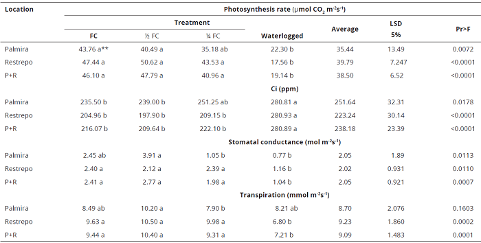 Effect of water stress on gas exchange in E. grandis genotype 18-3 in Palmira, Restrepo, and Palmira-Restrepo (P+R), Valle del Cauca, Colombia.