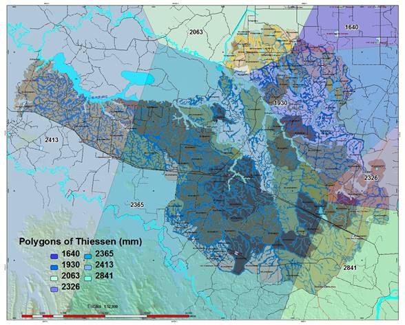Thiessen polygons of the average annual rainfall for study area cultivated with pineapple crop in Huimanguillo, Tabasco, M&eacute;xico.