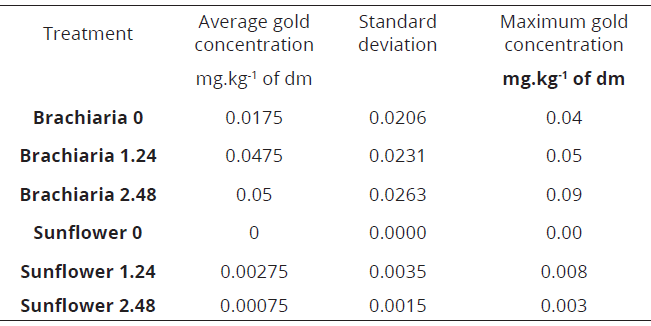 Gold concentration in B. decumbens and sunflower H. annus, under different concentrations of NH4SCN.