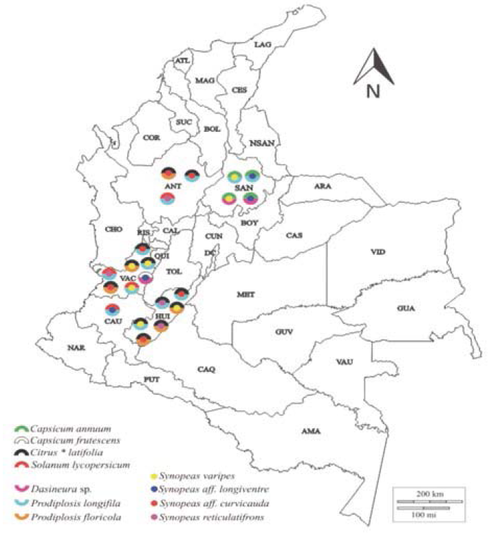 Map of Colombia showing tritrophic interactions in sampled sites. The superior and inferior circumference segments correspond to plant host and insect host respectively. The central point corresponds to parasitoid species.