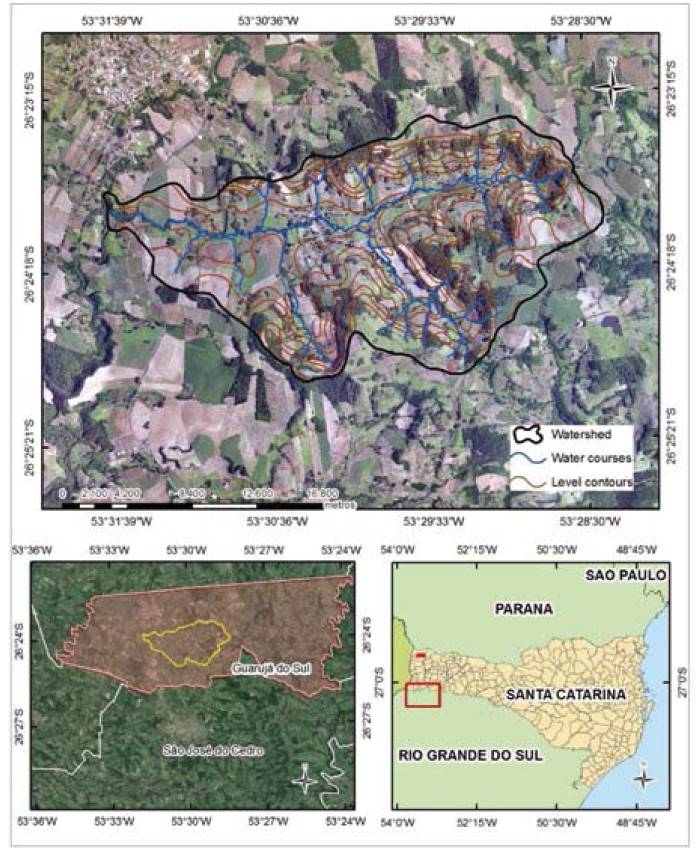 Map of the Lajeado Pessegueiro watershed, Guaruj&aacute; do Sul, Santa Catarina, Brazil.