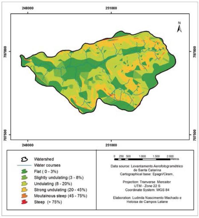 Slope map of Lajeado Pessegueiro watershed, Guaruj&aacute; do Sul, Santa Catarina, Brazil.