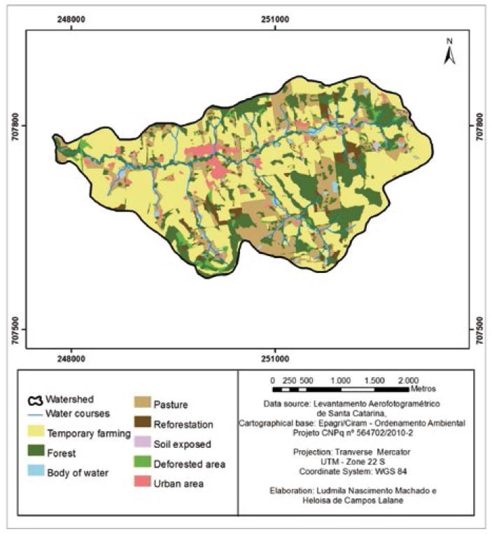 Land use and occupation map of the Lajeado Pessegueiro watershed, Guaruj&aacute; do Sul, Santa Catarina, Brazil.