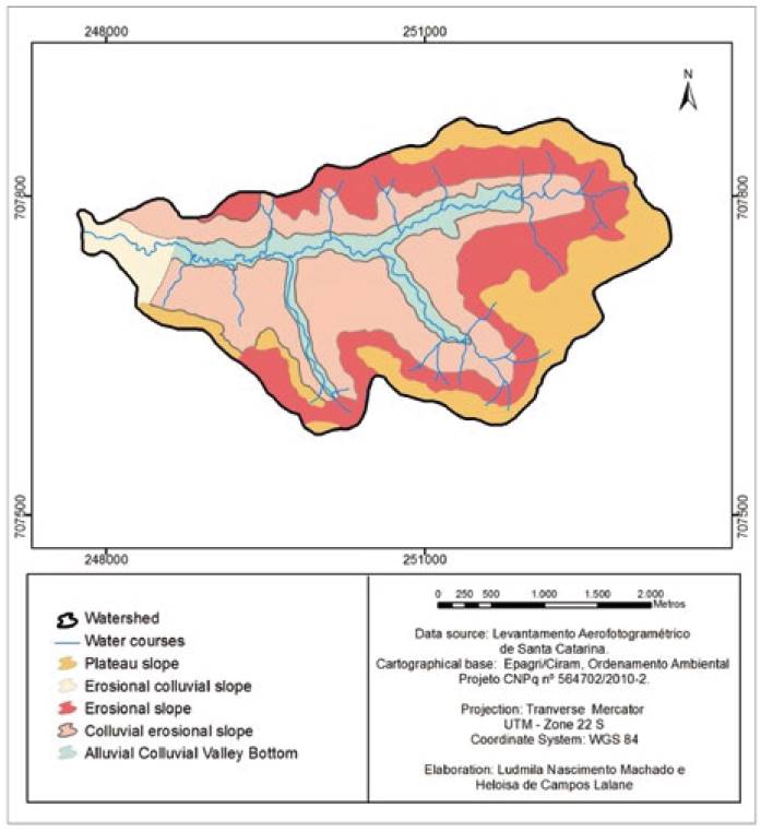 Physiographic map of the Lajeado Pessegueiro watershed, Guaruj&aacute; do Sul, Santa Catarina, Brazil.