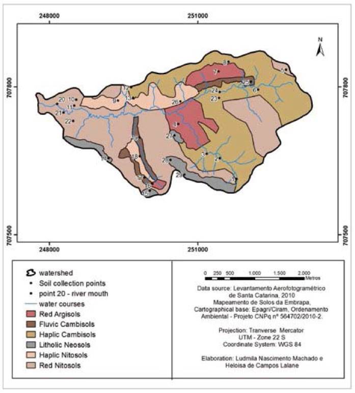 Soil map of the Lajeado Pessegueiro watershed, Guaruj&aacute; do Sul, Santa Catarina, Brazil.