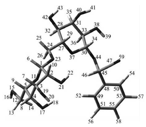 3D-Molecular model of amygdalin showing atomic labeling used for NMR chemical shift identification.