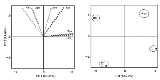 Graph of the cloud of variables (A) and observations (B) distribution obtained by the Principal Component Analysis of irradiated, pasteurized and control juçara pulp sensory attributes. PC = Principal Component. A) Variables: Clr = Colour, App = Appearance, Aro = Aroma, Glo = Global, Tas = Taste, Tex = Texture. B) Observations: I = Control/day 1, II = 2.5 kGy/day 1, III = Pasteurized/day 1, IV = Pasteurized/day 15.