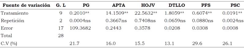 Cuadrados medios y significancia estadística para seis caracteres vegetativos en semillas de C. pubescens. U. Veracruzana, México.