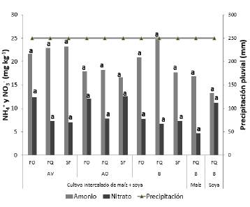Concentraci&oacute;n de NH4+ y NO3' (mg/kg) en el suelo en los tratamientos durante la etapa productiva de llenado de grano. Para cada sistema y forma de N, promedios con las mismas letras no son significativamente diferentes seg&uacute;n la prueba de Duncan (P > 0.05).