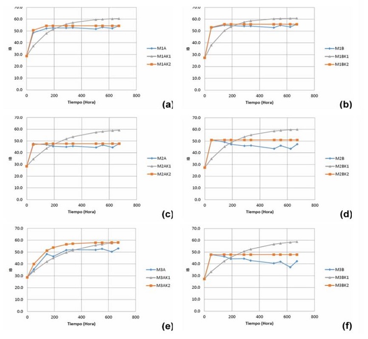 Cinética de la eflorescencia grasa experimental, K teórica calculada (K1) y K ajustada por iteración (K2) para los tratamientos M1A (a), M1B (b), M2A (c), M2B (d), M3A (e) y M3B (f).
