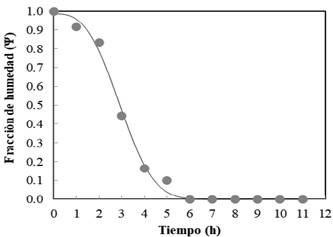 Curvas de secado a 68 °C de láminas de ahuyama (C. moschata). Puntos: datos experimentales. Líneas: modelo matemático de Page).