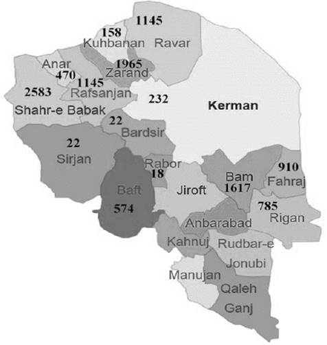Dispersión map of dromedaries in different cities of Kerman province. Numbers show dromedaries in each city.