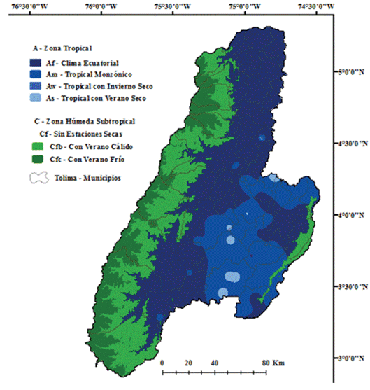 Mapa de la clasificaci&oacute;n clim&aacute;tica de K&ouml;ppen para el
departamento del Tolima, serie de tiempo 1981- 2020.