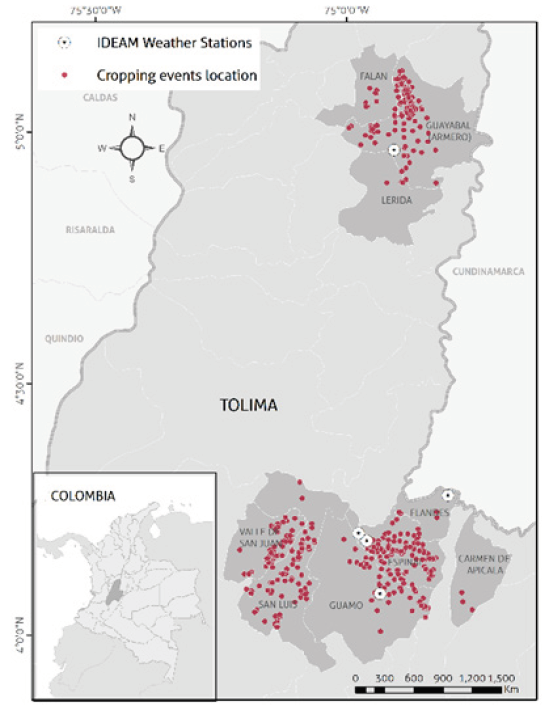Location map of the study area and weather stations.