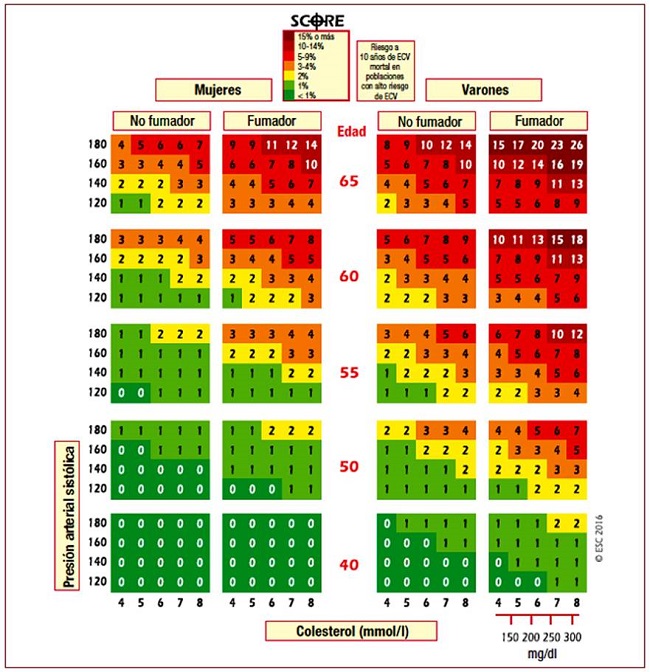 Tabla SCORE: riesgo a 10 a&ntilde;os de enfermedad cardiovascular mortal basado en los siguientes factores de riesgo: edad, sexo, presi&oacute;n arterial sist&oacute;lica y colesterol total. ECV: enfermedad cardiovascular. SCORE: Systematic Coronary Risk Estimation
