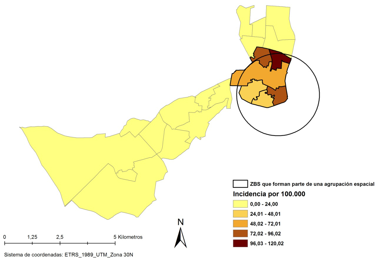 Incidencias de sífilis infecciosa en el Servicio de Salud Pública del Área 7 de la Comunidad de Madrid, 2015 con identificación de agrupaciones espaciales