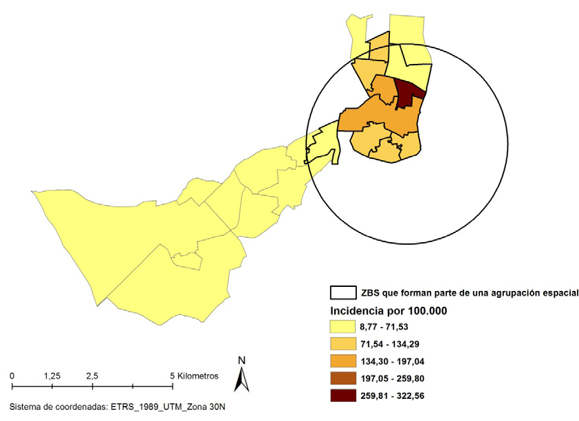Incidencias de la infección gonocócica en el Servicio de Salud Pública del Área 7 de la Comunidad de Madrid, 2015 con identificación de agrupaciones espaciales