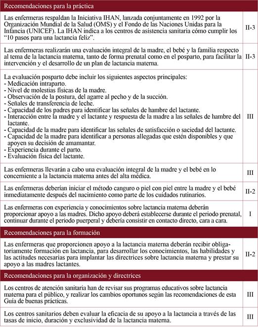 Recomendaciones implantadas de la Guía de Lactancia Materna (RNAO, 2007)11 y Nivel de evidencia.