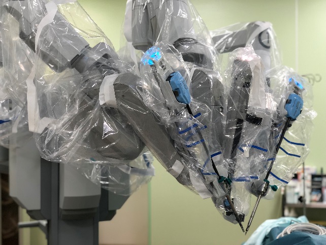 General view of da Vinci Si surgical system with flexible mechanical arms