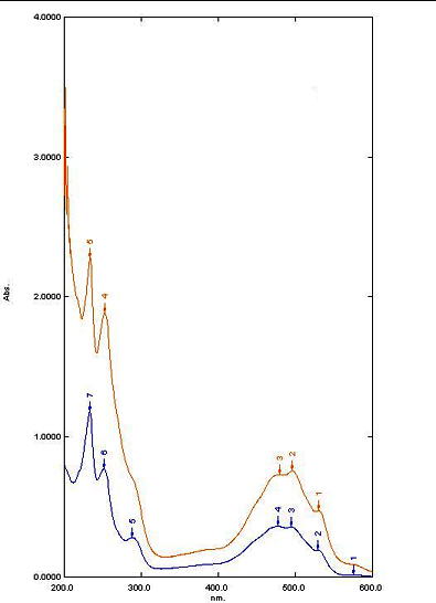 Fig. 5. UV spectrum of compound IV (orange), UV spectrum of doxorubicin (blue)