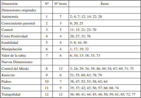 Dimensiones e &iacute;tems