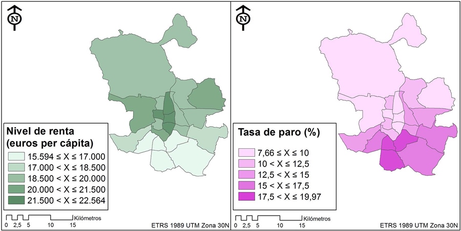 Nivel de renta (2005) y tasa de
paro (junio 2015) por distritos de Madrid
