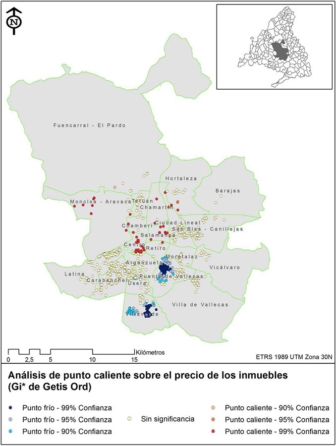 Análisis de punto caliente (Hot
Spots Gi* de Getis Ord) basado en el precio de los
inmuebles en manos de las entidades bancarias