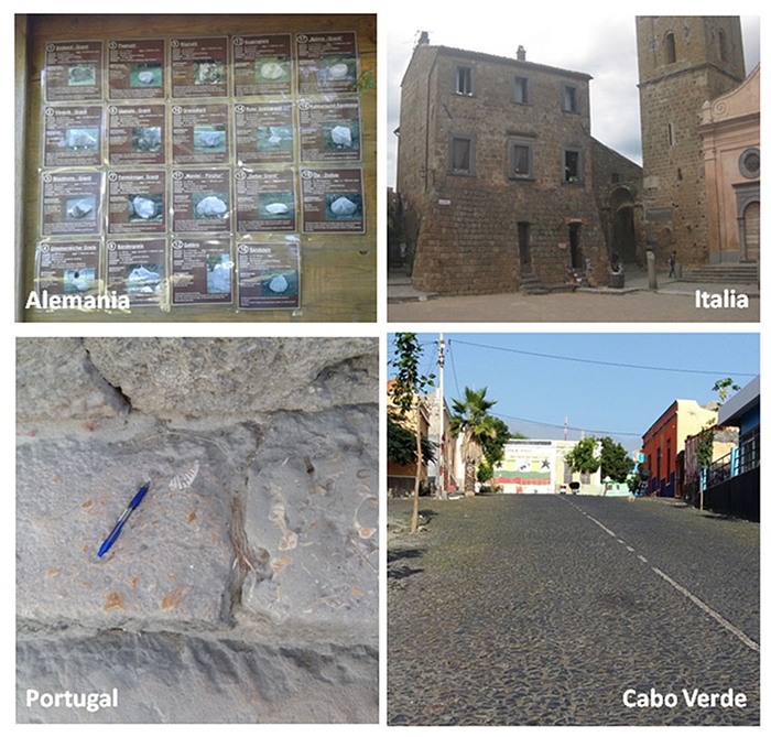 Ejemplos de geoturismo urbano: cartel con el tipo
de rocas presentes en el parque Findlingsgarten de Winsen en Alemania, Bagnoregio en
Italia, conchas en los muros de piedra del Castillo San Jorge en Lisboa y calle
con adoquines basálticos en Sao Felipe en Fogo, Cabo
Verde