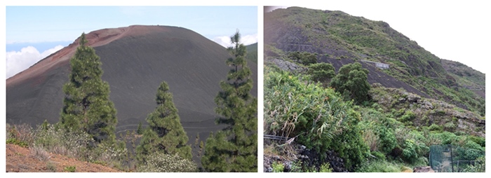 Erupción de 1706: cono volcánico y lavas saltando el cantil fósil