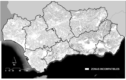Zonas incompatibles con la implantación eólica en el escenario
menos restrictivo