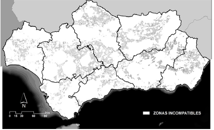 Zonas incompatibles con la implantación eólica en el escenario
más restrictivo
