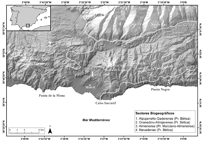El litoral de la provincia de Granada. Sectores biogeográficos: 1. Sector Alpujarreño-Gadorense (Provincia Bética); 2. Sector Granadino-Almijarense (Provincia Bética); 3. Sector Almeriense (Provincia Murciano-Almeriense)