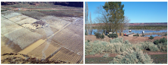 Crecida de Julio de 2006 afectando parcelarios forestales (izquierda) y viviendas dentro de la planicie aluvial (derecha)