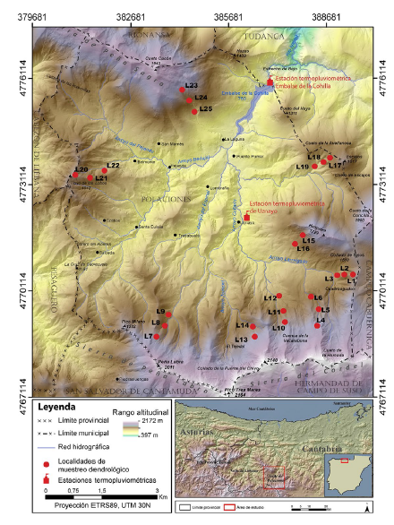  Localización del área de estudio, estación climática de referencia y localizaciones de los transectos dendrocronológicos elaborados