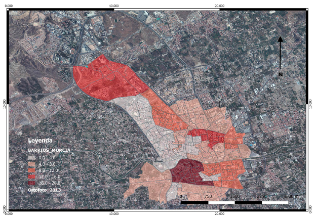 Distribución del número de delitos en la ciudad de Murcia (enero 2014-junio
2016)