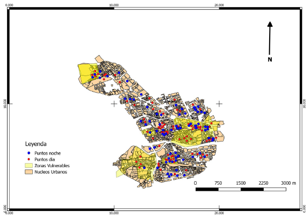 Distribución temporal (día y noche) de los delitos analizados en la ciudad
de Murcia