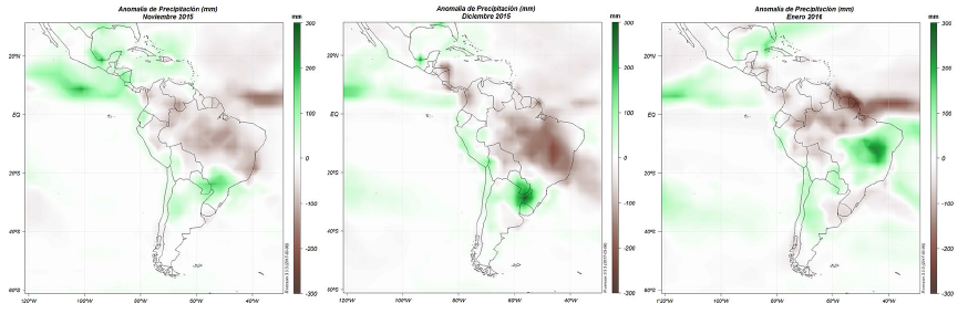  Anomalía de precipitación (mm)
para noviembre y diciembre de 2015 y enero de 2016.