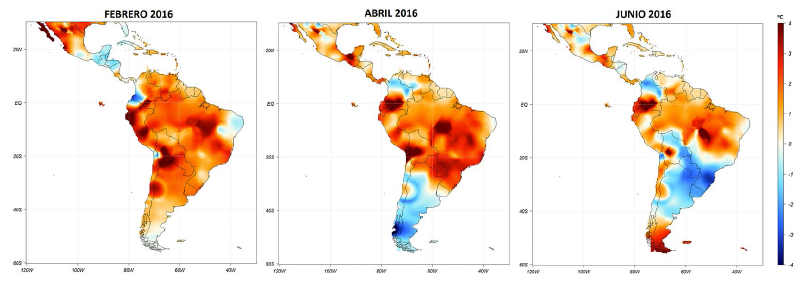 Anomalía de Temperatura del
Aire (°C) para febrero, abril y junio de 2016.